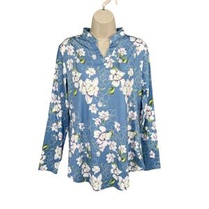 Beauhuty Cottage Tunic Shirt Women Size M Blue Coquette Retro Floral V Neck